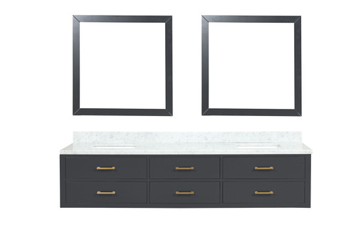 Lexora LVC84DL110 Castor 84 inch W Black Double Sink Wall Hung Vanity Cabinet, Carrara Marble Top, and 36 in Mirrors