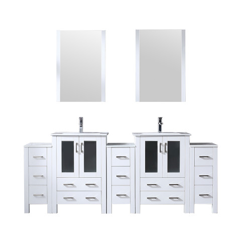 Lexora LV341884SAESM22F Volez 84 inch W White Double Sink Vanity Cabinet with Side Cabinets, Faucet Set, White Ceramic Top, and 22 in Mirrors