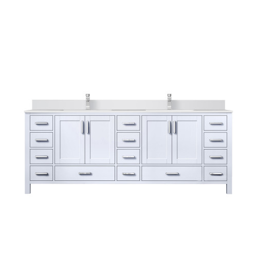 Lexora Jacques 84 in. W White Double Sink Vanity Cabinet, White Quartz Top, and Faucet Set