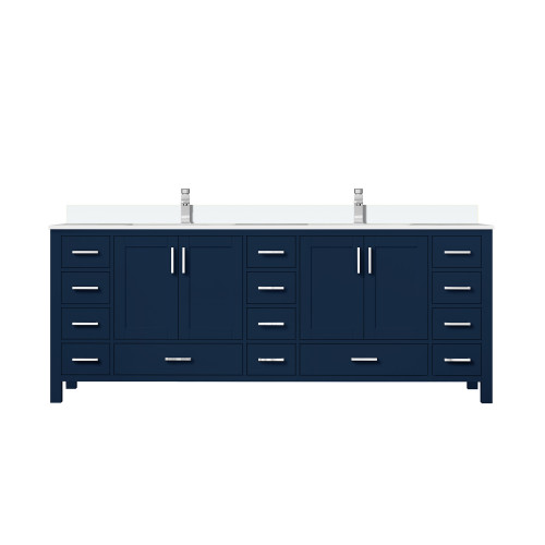 Lexora LVJ84DE201 Jacques 84 in. W Navy Blue Double Sink Vanity Cabinet, White Quartz Top, and Faucet Set