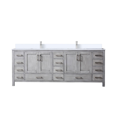 Lexora LVJ84DD201 Jacques 84 in. W Distressed Grey Double Sink Vanity Cabinet, White Quartz Top, and Faucet Set