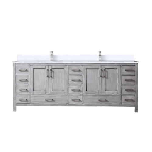 Lexora LVJ84DD301 Jacques 84 in. W Distressed Grey Bath Vanity Cabinet, Cultured Marble Top, and Faucet Set
