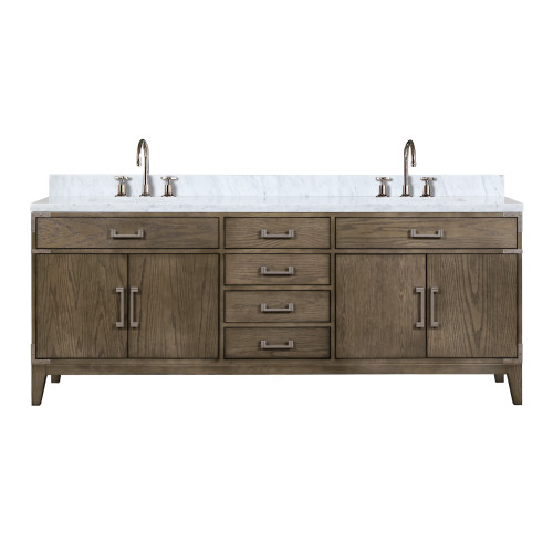 Lexora Laurel 84 inch W Grey Oak Double Sink Vanity Cabinet, Carrara Marble Top, and Faucet Set