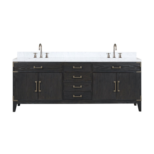 Lexora LVL84DJ101 Laurel 84 inch W Black Oak Double Sink Vanity Cabinet, Carrara Marble Top, and Faucet Set