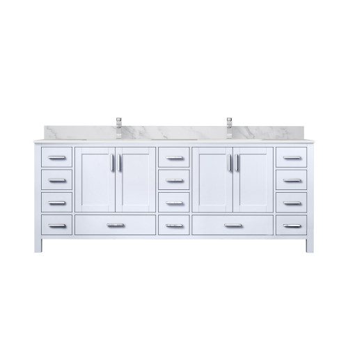 Lexora Jacques 84 in. W White Double Sink Vanity Cabinet, Carrara Marble Top, and Faucet Set