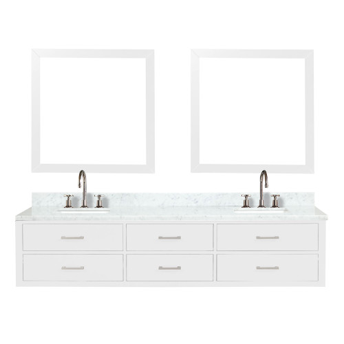 Lexora LVC84DA111 Castor 84 inch W White Double Sink Wall Hung Vanity Cabinet, Carrara Marble Top, Faucet Set, and 36 in Mirrors