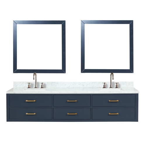 Lexora LVC84DE111 Castor 84 inch W Blue Double Sink Wall Hung Vanity Cabinet, Carrara Marble Top, Faucet Set, and 36 in Mirrors