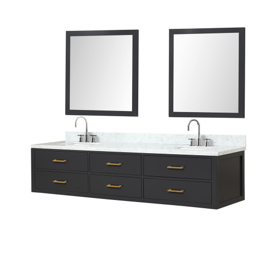 Lexora LVC84DL111 Castor 84 inch W Black Double Sink Wall Hung Vanity Cabinet, Carrara Marble Top, Faucet Set, and 36 in Mirrors