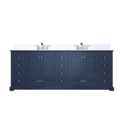 Lexora LVD84DE201 Dukes 84 in. W Navy Blue Double Sink Vanity Cabinet, White Quartz Top, and Faucet Set