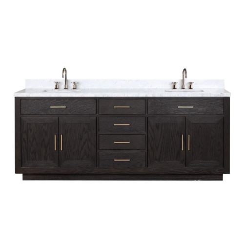 Lexora Abbey 84 inch W Black Oak Double Sink Vanity Cabinet, Carrara Marble Top, and Faucet Set