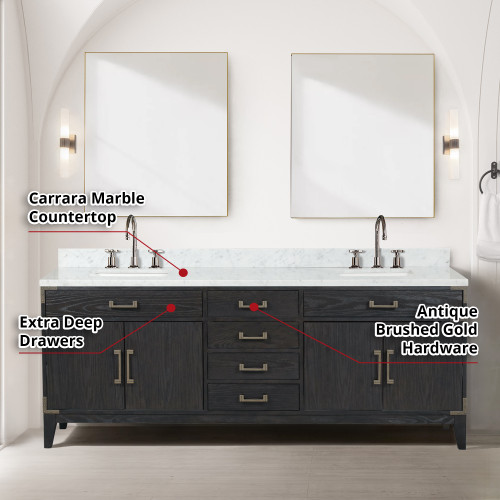 Lexora  LVL84DJ110 Laurel 84 in W x 22 in D Black Oak Double Bath Vanity, Carrara Marble Top, and 36 in Mirrors