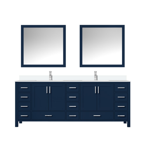 Lexora LJ342284DEWQM34F Jacques 84 in. W Navy Blue Double Sink Vanity Cabinet, White Quartz Top, Faucet Set, and 34 in. Mirrors