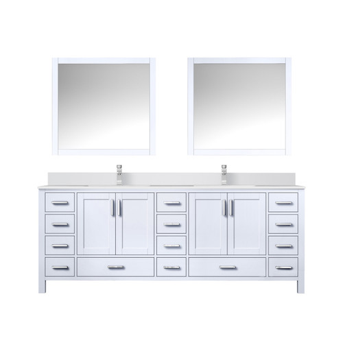 Lexora Jacques 84 in. W White Bath Vanity Cabinet, Cultured Marble Top, Faucet Set, and 34 in. Mirror