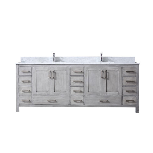 Lexora LVJ84DD101 Jacques 84 in. W Distressed Grey Double Sink Vanity Cabinet, Carrara Marble Top, and Faucet Set