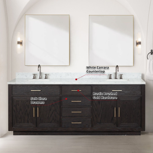 Lexora  LVA84DJ110 Abbey 84 in W x 22 in D Black Oak Double Bath Vanity, Carrara Marble Top, and 36 in Mirrors