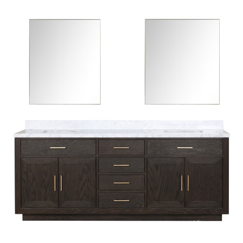 Lexora Abbey 84 inch W Brown Oak Double Sink Vanity Cabinet, Carrara Marble Top, and 36 in Mirrors