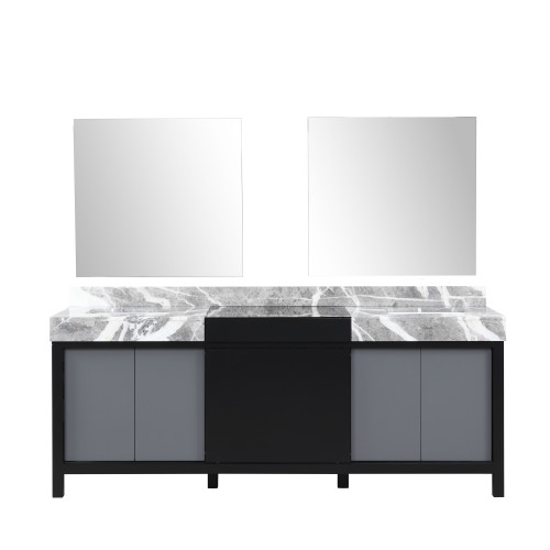 Lexora Zilara 84 inch W Black and Grey Double Sink Vanity Cabinet, Castle Grey Marble Top and 34 in Mirrors