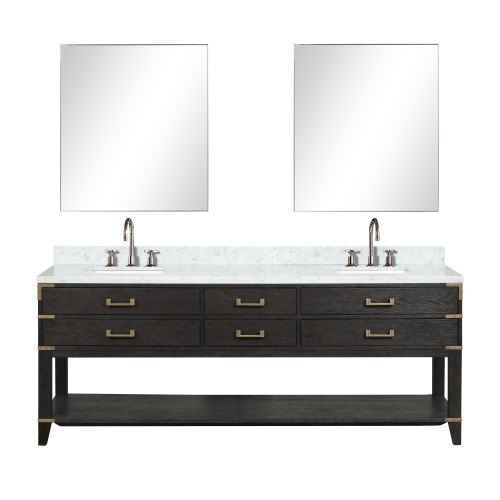 Lexora Norwalk 84 inch W Black Oak Double Sink Vanity Cabinet, Carrara Marble Top, Faucet Set, and 36 in Mirrors