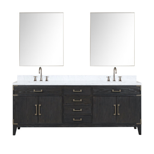 Lexora LVL84DJ111 Laurel 84 inch W Black Oak Double Sink Vanity Cabinet, Carrara Marble Top, Faucet Set, and 36 in Mirrors