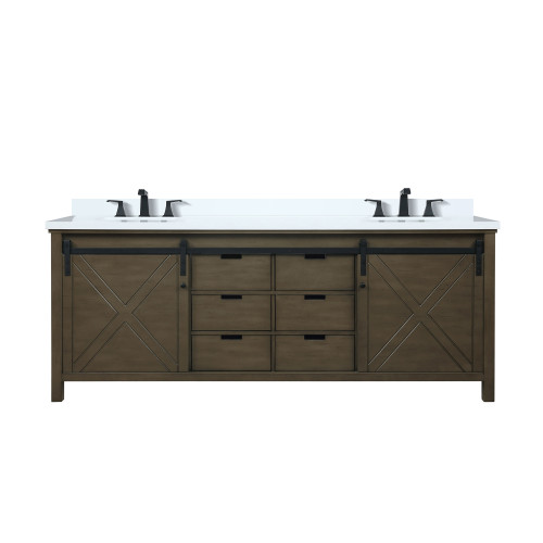 Lexora LVM84DK201 Marsyas 84 inch W Rustic Brown Double Sink Vanity Cabinet, White Quartz Countertop and Faucet Set
