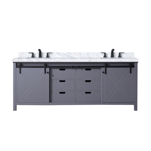 Lexora LVM84DB101 Marsyas 84 inch W Dark Grey Double Sink Vanity Cabinet, Carrara Marble Countertop and Faucet Set