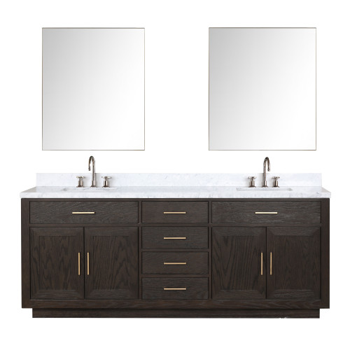 Lexora LVA84DK111 Abbey 84 inch W Brown Oak Double Sink Vanity Cabinet, Carrara Marble Top, Faucet Set, and 36 in Mirrors