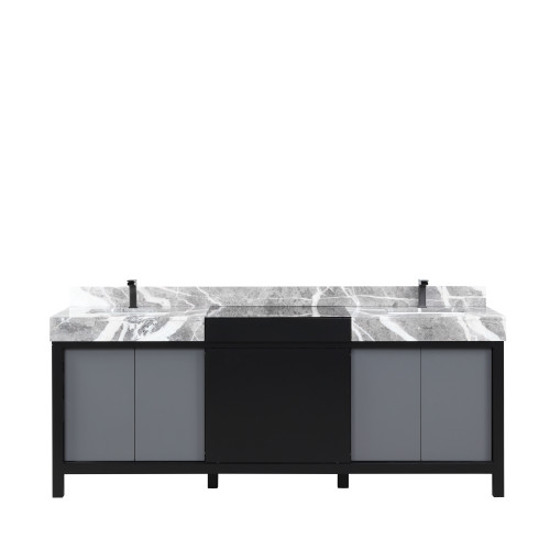 Lexora Zilara 84 inch W Black and Grey Double Sink Vanity Cabinet, Castle Grey Marble Top and Gun Metal Faucet Set