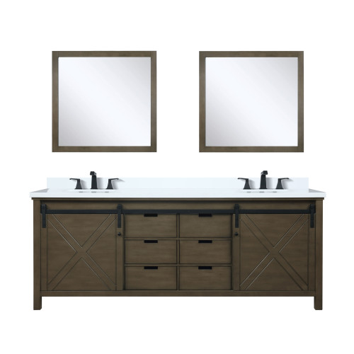 Lexora LVM84DK311 Marsyas 84 inch W Rustic Brown Double Sink Vanity Cabinet, Cultured Marble Countertop, Faucet Set and 34 in Mirrors