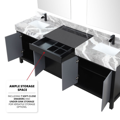 Lexora  LZ342284DLISM34FCM Zilara 84 in W x 22 in D Black and Grey Double Bath Vanity, Castle Grey Marble Top, Matte Black Faucet Set and 34 in Mirrors