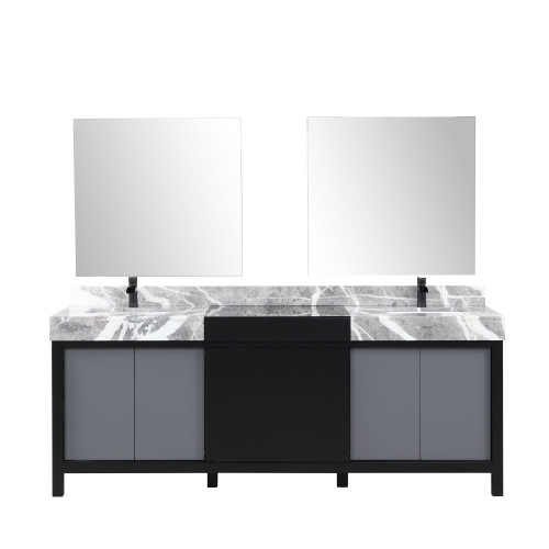 Lexora LZ342284DLISM34FCM Zilara 84 inch W Black and Grey Double Sink Vanity Cabinet, Castle Grey Marble Top, Matte Black Faucet Set and 34 in Mirrors