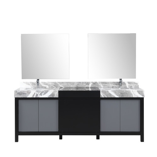 Lexora LZ342284DLISM34FMC Zilara 84 inch W Black and Grey Double Sink Vanity Cabinet, Castle Grey Marble Top, Chrome Faucet Set and 34 in Mirrors