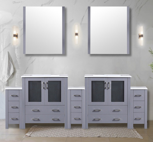 Lexora  LVV96D30B610 Volez 96 in W x 18.25 in D Dark Grey Double Bath Vanity with Side Cabinets, White Ceramic Top, and 28 in Mirrors