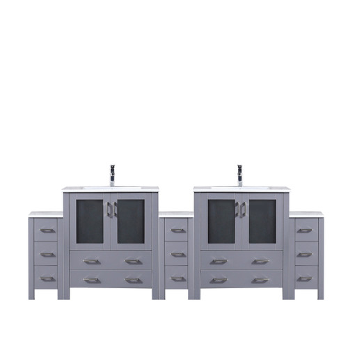 Lexora LVV96D30B601 Volez 96 inch W Dark Grey Double Sink Vanity Cabinet with Side Cabinets, White Ceramic Top, and Faucet Set