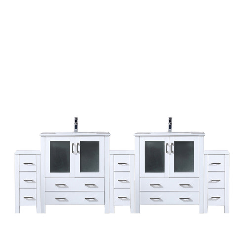 Lexora LVV96D30A601 Volez 96 inch W White Double Sink Vanity Cabinet with Side Cabinet, White Ceramic Top, and Faucet Set