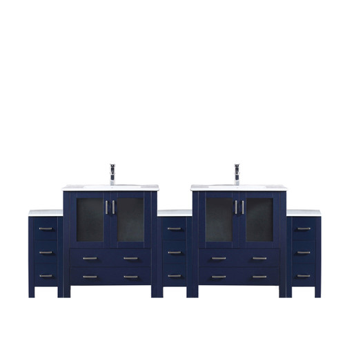 Lexora LVV96D30E601 Volez 96 inch W Navy Blue Double Sink Vanity Cabinet with Side Cabinets, White Ceramic Top, and Faucet Set