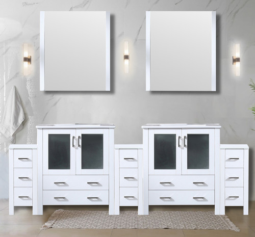 Lexora  LVV96D30A610 Volez 96 in W x 18.25 in D White Double Bath Vanity with Side Cabinets, White Ceramic Top, and 28 in Mirrors