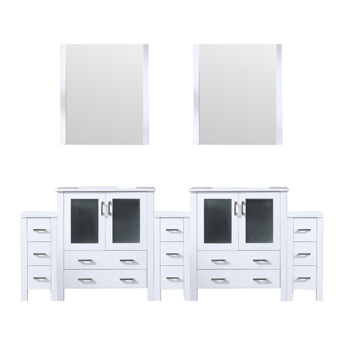 Lexora Volez 96 inch W White Double Sink Vanity Cabinet with Side Cabinets, White Ceramic Top, and 28 in Mirrors