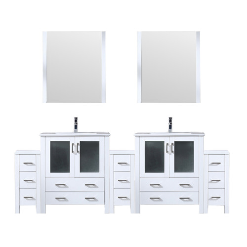 Lexora LVV96D30A611 Volez 96 inch W White Double Sink Vanity Cabinet with Side Cabinets, White Ceramic Top, 28 in Mirrors, and Faucet Set