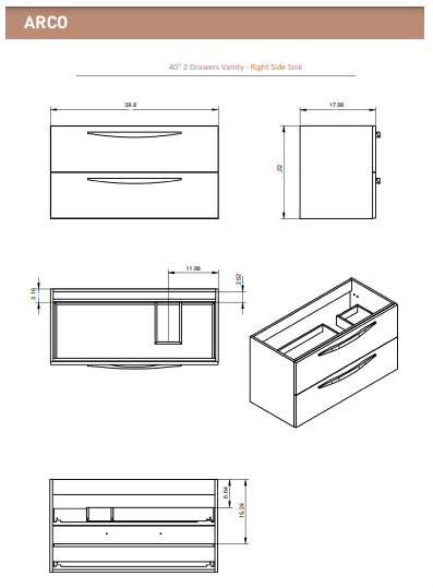 Lucena Arco Two Drawer Wall Mounted Vanity Cabinet Only - Sink On The Right Side 40" W x 22" H x 18" D - Griggio Color - 70808