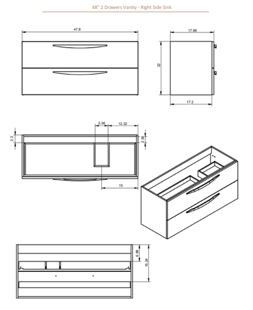 Lucena Bath Arco 87469 Wall Mounted 48" 2 Drawer Green/Musgo Vanity Cabinet Only, For Right Side Sink