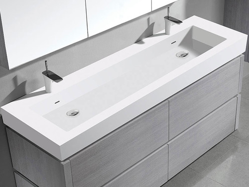 Madeli 60 Inch W x 22 Inch D Solid Surface Double Bowl Trough Sink & Countertop - Glossy White - XTU2245-60-200-WH