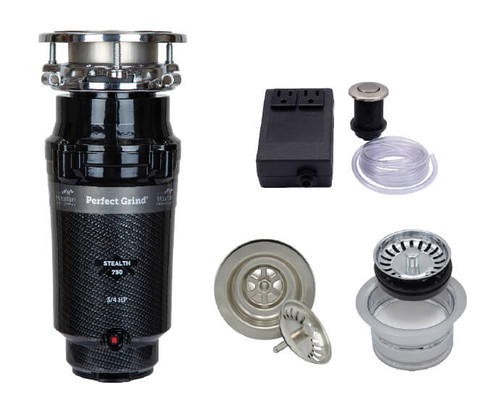 Mountain Plumbing  MTSINK2SE/BRS Continuous Feed 3-Bolt Mount 3/4 HP Waste Disposer Kit - Stopper & Strainer  - Extended Flange - Air Switch - For Double Sink - Extended Flange - Brushed Stainless