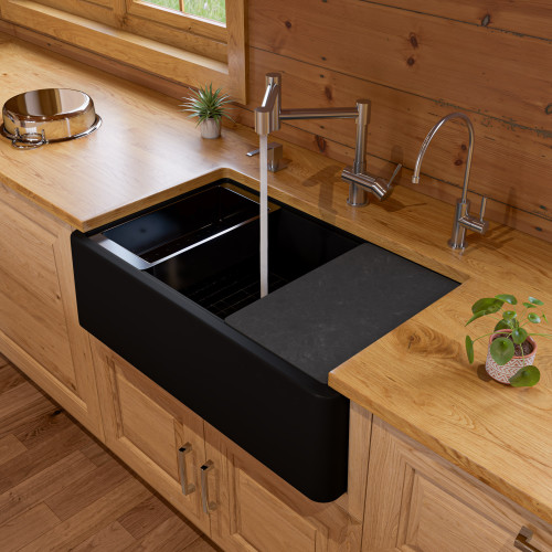 Alfi AB33FARM-BLA Black 33" x 21" Granite Composite Single Bowl Drop In Farm Sink with Accessories