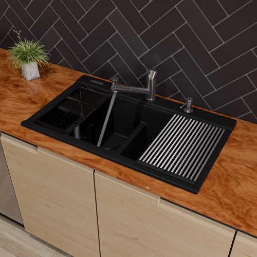 Alfi AB3418DBDI-BLA Black 34" x 18" Granite Composite Workstation Step Rim Double Bowl Drop In Sink with Accessories