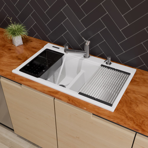 Alfi AB3418DBDI-W White 34" x 18" Granite Composite Workstation Step Rim Double Bowl Drop In Sink with Accessories