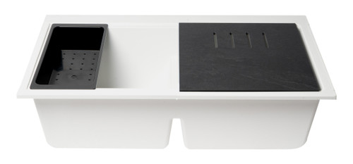 ALFI White 34" x 18" Granite Composite Workstation Step Rim Double Bowl Undermount Sink with Accessories - AB3418DBUM-W