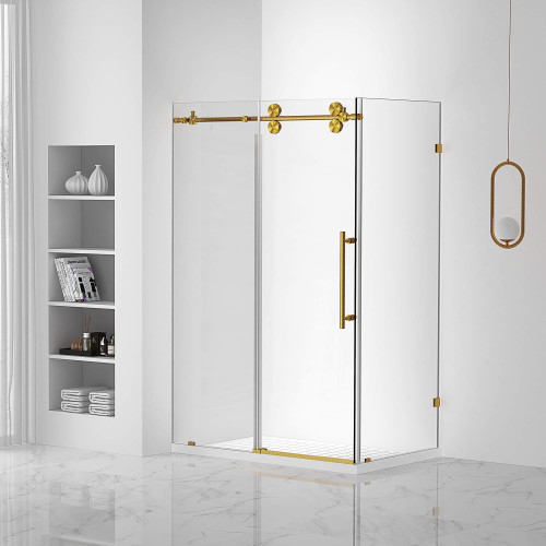 Fine Fixtures Sliding Frameless Rectangle Shower Enclosure - 60" X 36 - Satin Brass - SER1-60SB