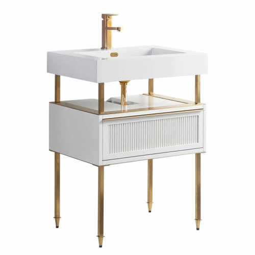 Fine Fixtures Dakota Vanity Cabinet 24 Inch Wide - White With Satin Brass Hardware - DA24WH-DAH24SB-VEA2418W