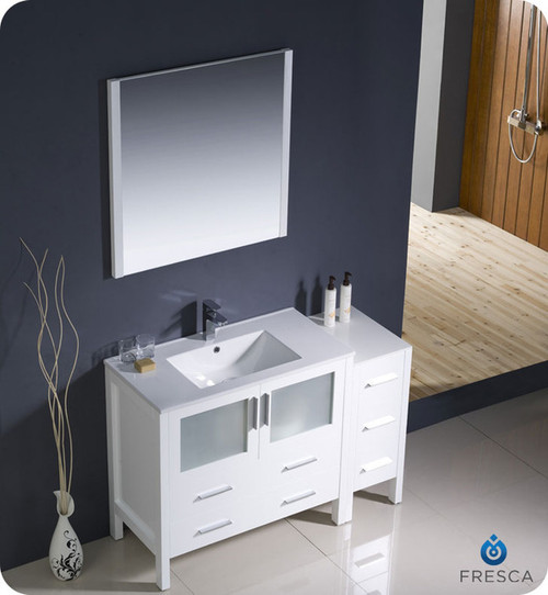 Fresca Torino FVN62-3612WH-UNS 48" White Modern Bathroom Vanity Cabinet w/ Side Cabinet & Undermount Sink - White