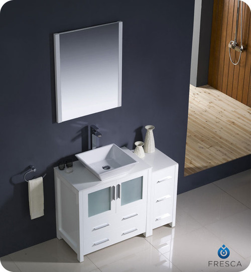 Fresca Torino FVN62-3012WH-VSL 42" White Modern Bathroom Vanity Cabinet w/ Side Cabinet & Vessel Sink